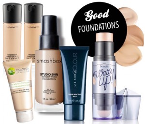 four foundations from smashbox, mac, liz earle and garnier