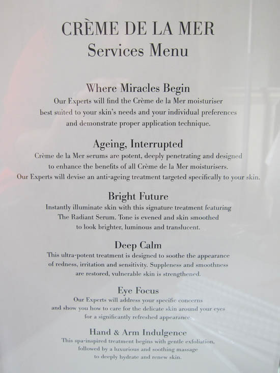 the creme de la mer counter menu