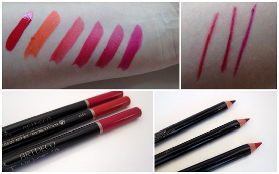 ARTDECO lip product swatches for Dita Von Teese collection