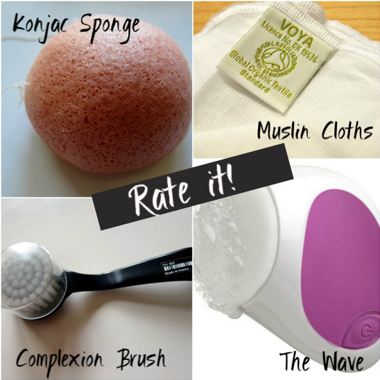 Complexion brush, Neutrogena wave, Konjac Sponge, Muslin Cloths