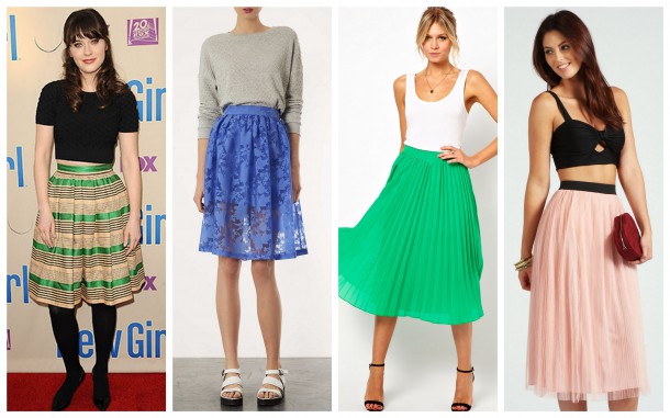 Zooey Dechanel - Top Shop Blue Burnout Floral Midi Skirt £50 - Asos Pleated Midi Skirt €37 - Boohoo.com Megan All Over Pleated Net Ballerina Midi Skirt €30