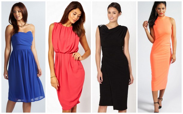 Boohoo.com Rachael Bandeau Chiffon Midi Dress €38 - Asos Midi Dress With Drape Front €55 - Debenhams €109 - Boohoo.com Billie High Neck Neon Sleeveless Midi Dress €15