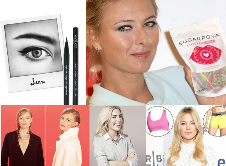 Celebrity Collaborations: Clockwise from top left, Alexa Chung for Eyeko, Maria Sharapova for Sugarpova, Kate Hudson for Fabletics, Mollie King for Oasis, Kate Bosworth for Topshop