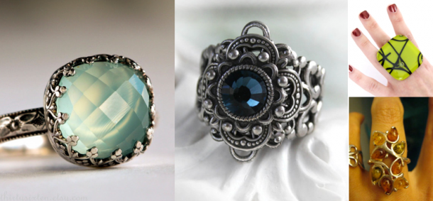 Etsy Beauties: Clockwise from left, Aqua Chalcedony Cocktail Ring in Sterling Silver €97.75, Night Song Victorian Fantasy Ring €22.75, Popart Glass Ring €26.55, Large Baltic Amber Sterling Silver €44
