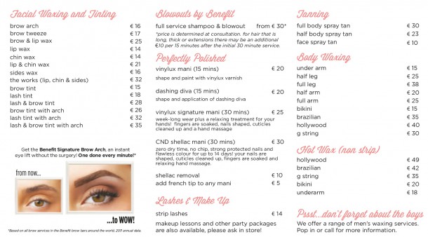 5. Menu of Services - Benefit Boutique Dublin