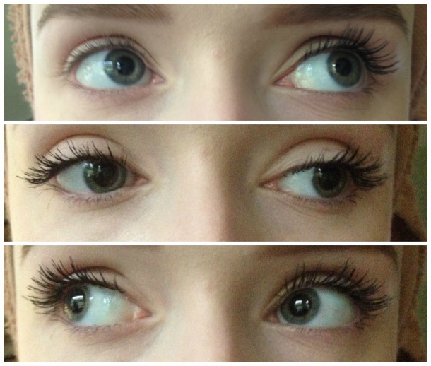 top: one coat on one eye; centre: one coat; bottom: two coats