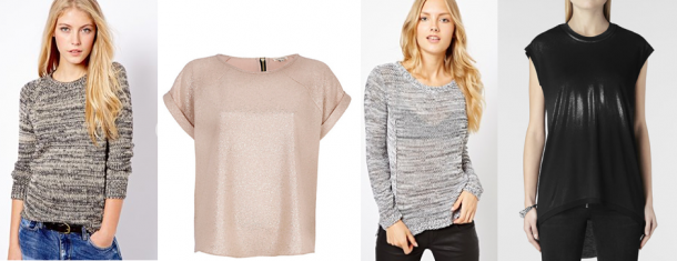 Metallic Jumpers and Tops. From left: Mango Metallic Knit Jumper €56.17 (now reduced to €19.66), River Island Gold Metallic Woven Tee €40, Warehouse Popcorn Stitch Metallic Jumper €58.99, All Saints Top Foil Brooke Top €70