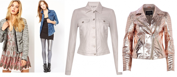 Metallic Jackets and Leggings. From left: Pepe Jeans Metallic Zip Front Jacket €220, Only Metallic Legging €25, French Connection Metallic Lilly Denim Jacket €156, River Island Rose Gold Metallic Leather Biker Jacket €188