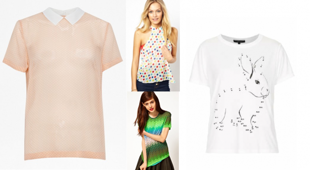 Clockwise from left: French Connection Dotty Dot Top €55, Love Polka Dot Halter Top €40, Topshop Petite Dot To Dot Bunny Tee €20, Jonathan Saunders Boyfriend T-Shirt in Ombre Polka Dot €142.37 (reduced from €263.91). 