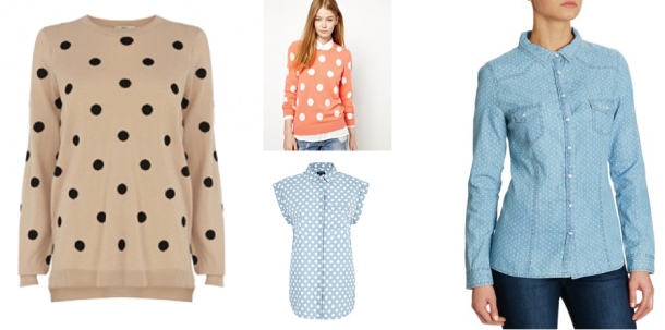 Clockwise from left: Oasis Spot Jumper €50 (also in blue), CC Cashmere by John Laing Crew Neck Jumper with Polka Dots in 100% Cashmere €183.35 (reduced from €381.98), Dunnes Denim Polka-Dot Shirt €25, River Island Light Wash Polka Dot Roll Sleeve Denim Shirt €33.