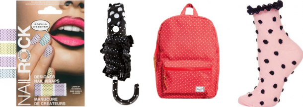 From left: Sophia Webster for Nail Rock Limited Edition Dots To Hearts 3D Nail Wraps €10.50, Oasis Polka Dot Crook Umbrella €11, Herschel Exclusive To ASOS Heritage Settlement Backpack €69.45 (now €48.62), Topshop Pink Risen Polka Dot Lace Trim Socks €4.50. 