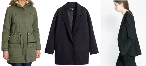 Dunnes Borg-Lined Parka €65, H&M single-breasted coat €49.95, Zara Blazer With Gathered Shoulder €79.95