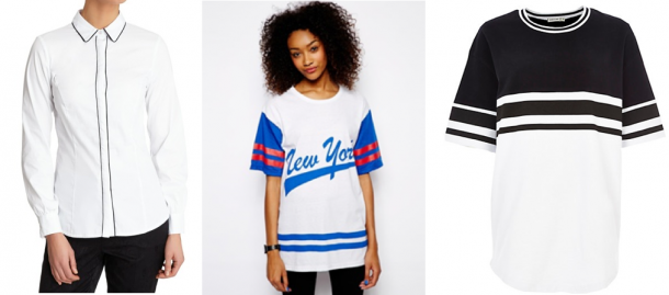 Dunnes Gallery contrast collar shirt €20 (reduced from €40), Daisy Street Oversized Varsity T-Shirt €18.04, River Island black and white jumbo tee €30