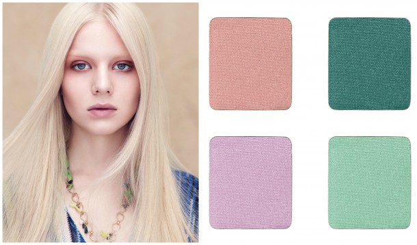 Clockwise from Top Left: Petal Essence Single Eye Colors in Peony Blush, Seafoam, Aquamarine and New Lilac