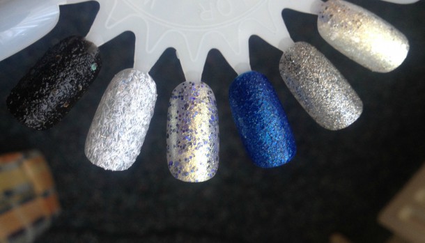 Left to right after two coats: Belugaria, Peak of Chic, On a Silver Platter, Lots of Lux, Ignite the Night, Hors d'Oeuvres