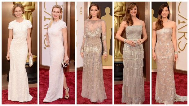 Calista Flockhart in Andrew Gn |Naomi Watts in Calvin Klein Collection |Angelina Jolie in Elie Saab Haute Couture | Jennifer Garner in Oscar de la Renta | Jessica Biel in Chanel Couture