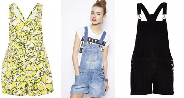 River Island Yellow Lemon Print Dungarees €50, New Look Dungaree Shorts €35, River Island Black Denim Dungarees €35