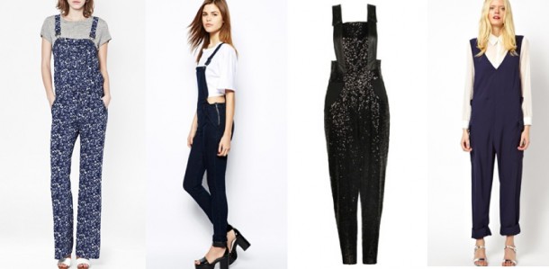 French Connection Marilyn Printed Dungarees €105, Warehouse Denim Dungarees €85, Boohoo Boutique Alice Satin Strap Sequin Dungarees €30, See by Chloe Worker Dungarees in Fluid Twill €597