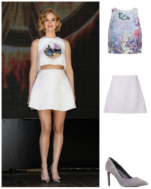 Jennifer Lawerence; Top, Red Herring at Debenhams (€45), skirt, Missguided.com,  (€19.49) and shoes, KG at Brown Thomas (€120). 