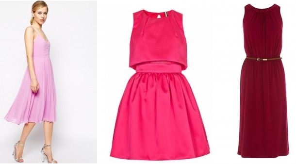 From left: ASOS Cami Pleated Midi Dress €59.15, TopShop Crop Overlay Duchess Satin Dress £50, Oasis Grecian Midi Dress, €33.
