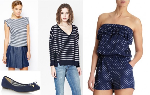 Clockwise from top left: ASOS Top in Nautical Stripe with Square Low Back €25.35, Fr4ench Connection Check Mate Striped Jumper €100, Dunnes Nautical Playsuit (also available in red) €12, Oasis Eyelet Ballerina Pumps €44.
