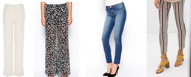From left: Oasis wide leg linen trouser €56, ASOS BCBGeneration Palazzo Pants in Ditsy Print €139.43 (now reduced to €111.26), J Brand Mid Rise Skinny Jeans €324, Zara Striped Cropped Trouser €39.95.