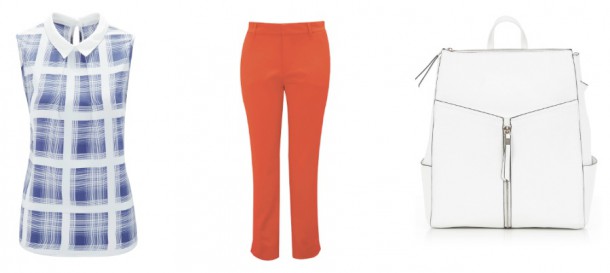 Top, €30; Orange cropped trousers, €35 (both from Dunnes Stores);  Bag, New Look, €24.99
