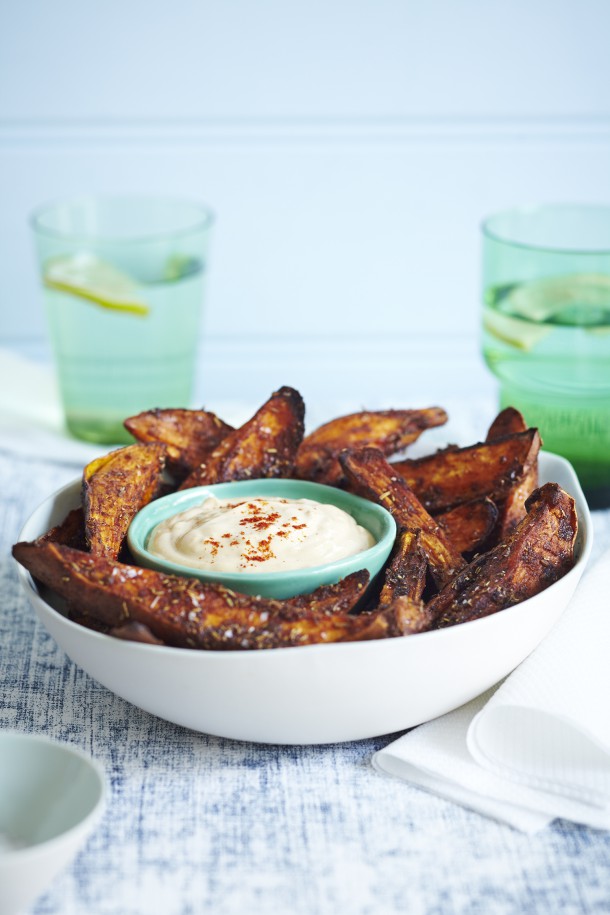 Spicy Sweet Potato Chips with Yogurt Satay