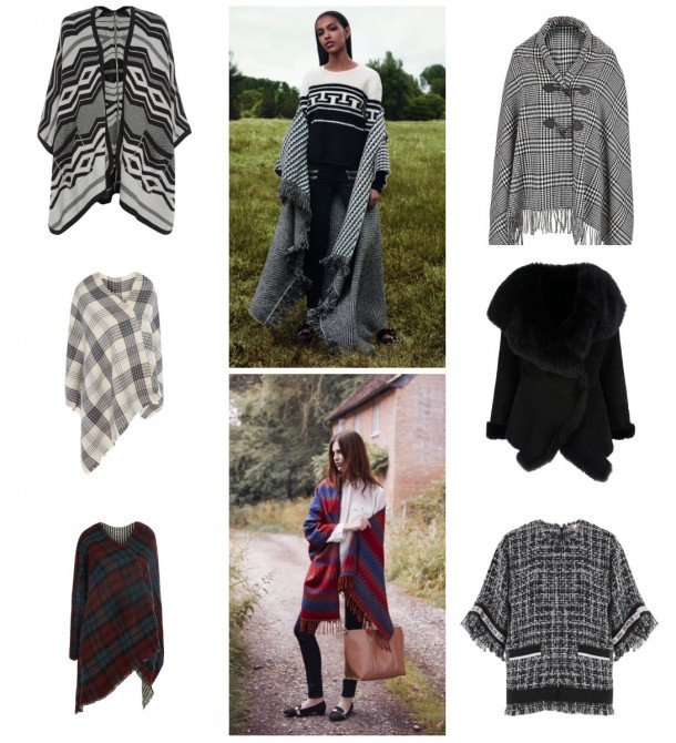 Clockwise from top left: New Look, €29.99; Topshop Autumn Winter; Littlewoods Ireland, €21; Biba Gold at House of Fraser, £649; MGSM Blanket Top at Brown Thomas; €209; Heatons Autumn Winter 2014, Cape, €12; Penneys, €7 (mid-Septmeber), Penneys, €6, (also Mid Septmeber). 