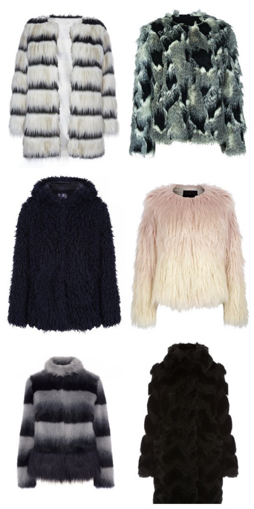 From top left: Stripe faux fur jacket, €35 (November); Patchwork jacket, €75, Next; Two tone jacket, €x, Warehouse; Full length black coat, €x, Karen Millen; Stripe short jacket, €x, Karen Millen,  Black collared jacket, €142.50, H by Henry Holland at Debenhams