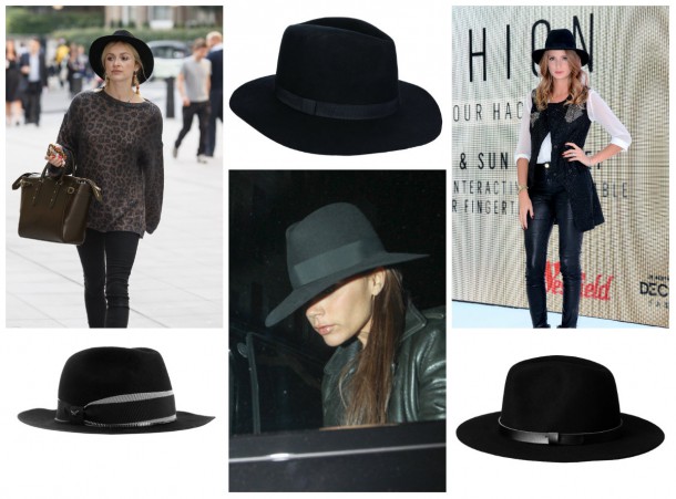 From top left: Fearne Cotton; Black medium fedora, €28, Next; Millie Makintosh; Trimmed fedora, €19.99, H&M; Victoria Beckham; Ribbon trim fedora, €130, Zadig and Voltaire at Brown Thomas