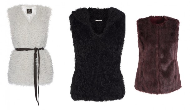 White gilet, €17, Penneys; Black gilet, €x, Karen Millen; Burgundy gilet, €63, Red Herring at Debenhams;  