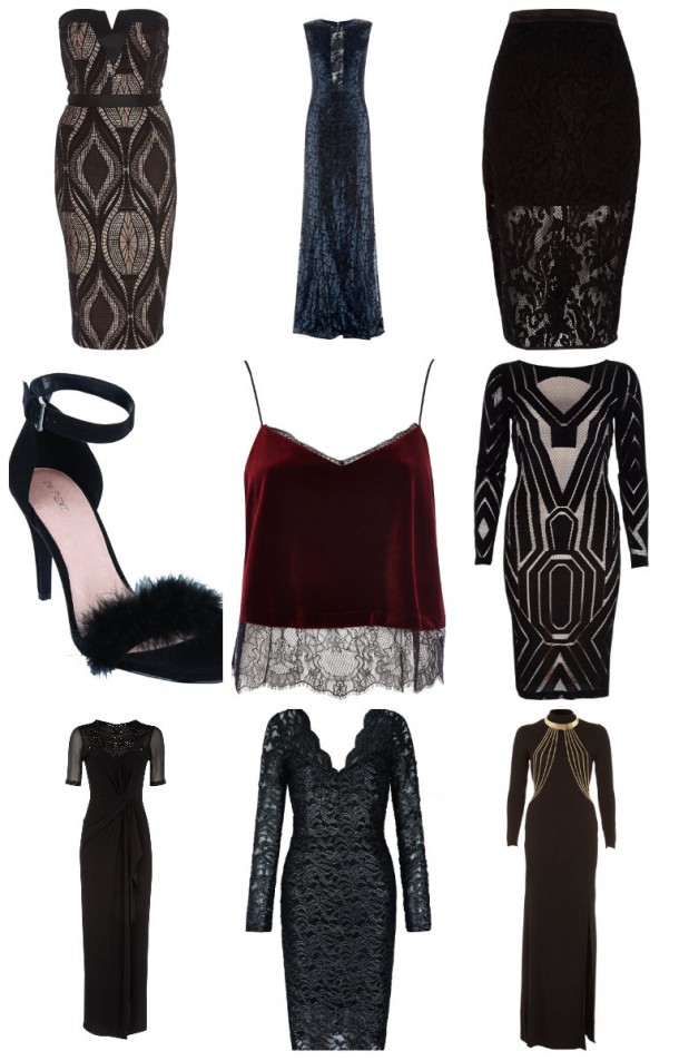 From top left: Strapless dress, €80, River Island; Full length gown, New Look (in store November); Lace Skirt, €47, River Island; Body con dress, €65, River Island; Full length high neck gown, €60, River Island; V Neck lace Dress, €69, Next; Black full length dress, Monsoon (November); Shoes, €40, Next; Velvet camisole, €30, River Island