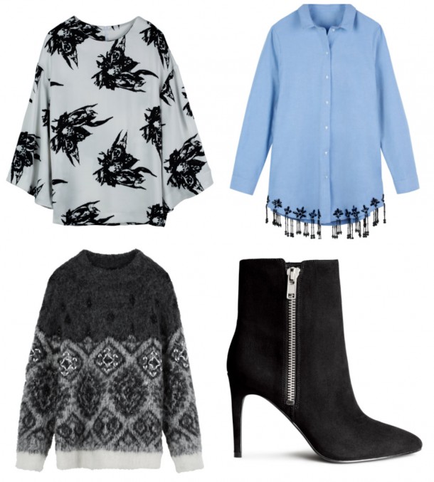 Top, €39.99; Shirt, €49.99; Jumper, €69.99, Boots, €39.99; all from H&M