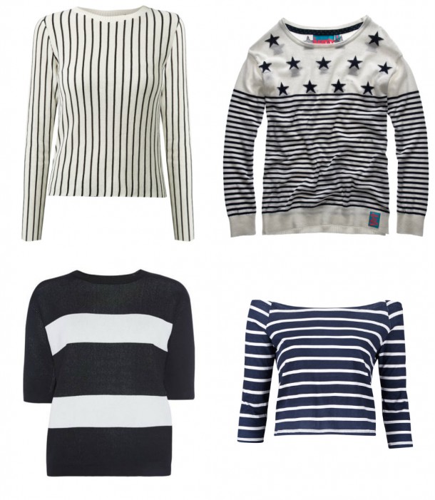 From top left: Long sleeve top, New Look SS15, €22.99; Jumper, from the Superdry SS15 collection; Off the shoulder top, Littlewoods, €13; Wide stripe top, €15, Penneys 