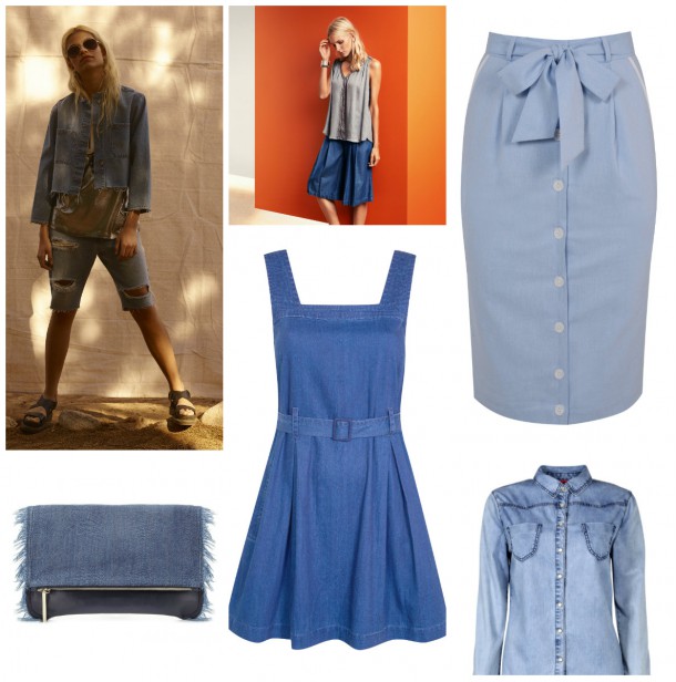 From top left: ASOS Spring Summer 2015; House of Fraser Spring Summer 2015; Denim Skirt, from a selection at Miss Selfridge; Denim Shirt, boohoo.com; Denim dress, Topshop; Denim clutch bag, Whistles. All items in store from February 