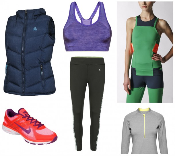 Gilet, €22.50, Heatons; Sports Bra, €24.99, H&M; Stella McCartney for Adidas available at Lifestyle Sports; Grey running top, €29.99, H&M; Black running pants, €11, Penneys; Nike Dual Fusion TR2 Trainers. 