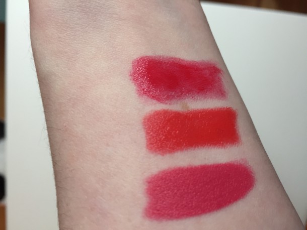 Top: Urban Decay Sheer Revolution Lipstick in F-Bomb, Middle: Chanel Coco Rouge in Arthur, Bottom: Bobbi Brown Art Stick in Electric Pink,  