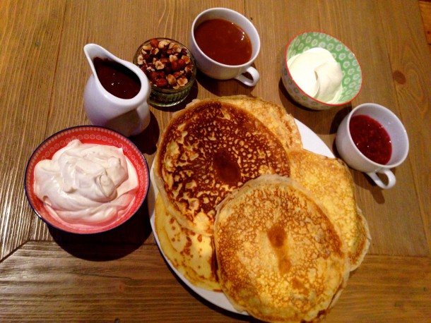 Pancakes with sauces and toppings