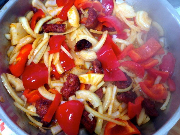 7.Frying chorizo, onions & peppers