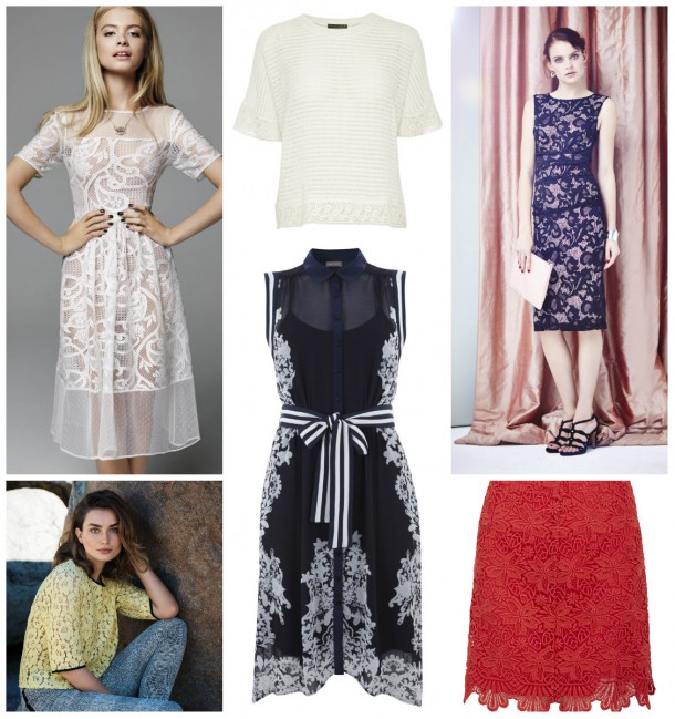 From top left: Miss Selfridge SS15 collection; Top, Penneys, €12; Navy lace dress, from a selection at Phase eight; Red lace skirt, Monsoon (available this month); Black and white lace dress, €145, Mint Velvet; Yellow lace top, €30, Next 