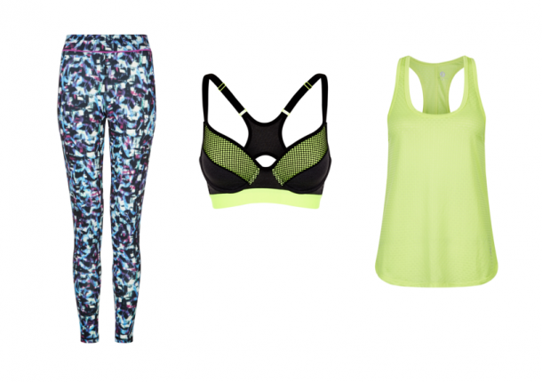 From left: Printed leggings, €22.99; Sports bra, €14.99; Top, €9.99 all from New Look