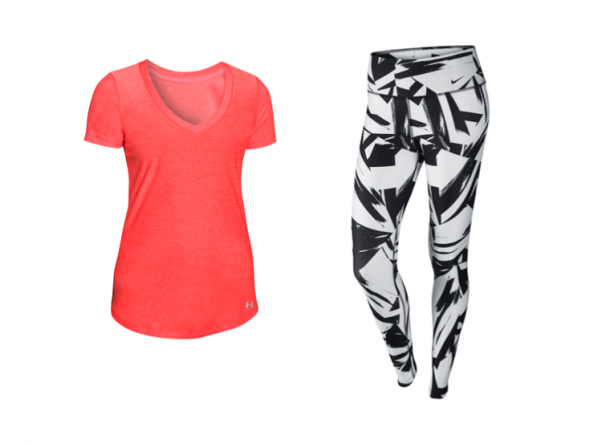 Red top, €30, Under Armour; Printed leggings, €55, Nike all at Elverys