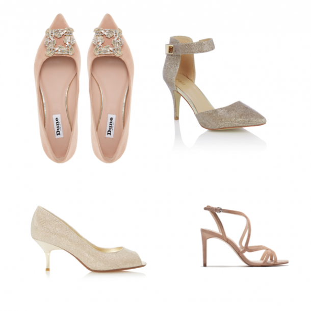 From top left: Stilettos, €135, Dune; Gold shoe with ankle strap, xx, Next; Nude strappy sandals, €59.95, Zara; Peep toe court shoes, €99, Dune 
