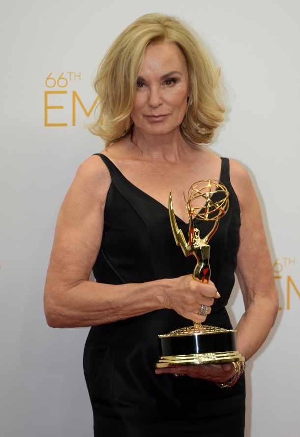 Actress Jessica Lange poses in the press room after winning Outstanding Lead Actress in a Miniseries or Movie for 'American Horror Story: Coven'  during the 66th Emmy Awards, August 25, 2014 at the Nokia Theatre in downtown Los Angeles.   AFP PHOTO / Mark Ralston        (Photo credit should read MARK RALSTON/AFP/Getty Images)