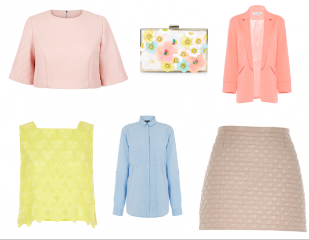 From top left: Pink top, €36, Oasis; bag, €24.99, New Look; Coral blazer, €39, iclothing.com; Quilted pink skirt, €37, River Island; Blue shirt, €35, Warehouse; Yellow lace top, €35, River Island 