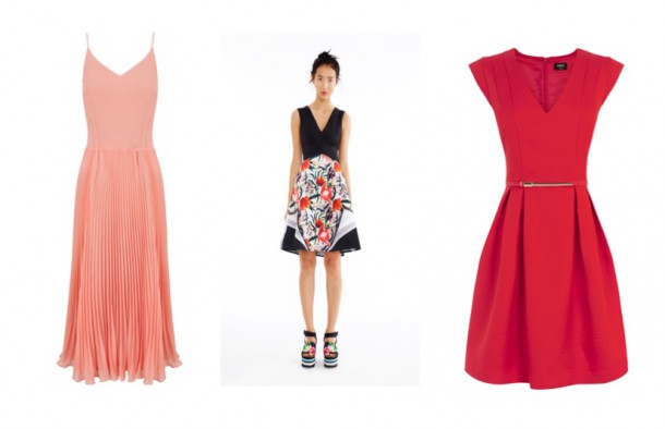 Peach pleated dress, €81, Oasis; Printed dress, €260, Clover Canyon at BT2; Red a-line dress, from the transitional collection at Oasis soon to be in store