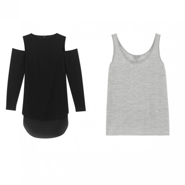 Black top with cut out shoulders, €99; Vest, €35; both from Cos