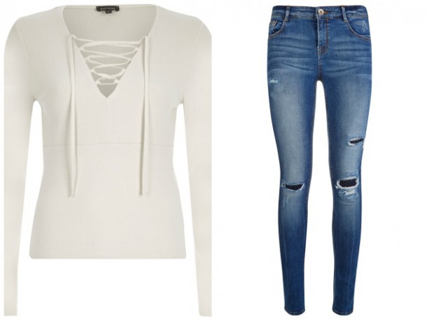 Top, €35, River Island; Jeans, €29.99, New Look