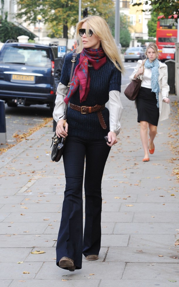 Claudia Schiffer wearing a scarf and flared trousers, after dropping her son off at school London, England - 12.10.10 Featuring: Claudia Schiffer Where: London, United Kingdom When: 12 Oct 2010 Credit: WENN